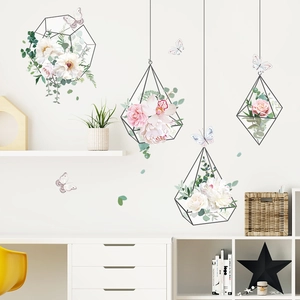 Floral hanging basket wall stickers with pink peonies and butterflies for home decor