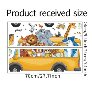 Detail showing two sheets of cartoon animal bus wall stickers with 24x70cm dimensions