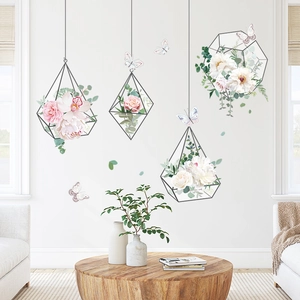 Detail of floral hanging basket wall decals with pink peonies and butterflies