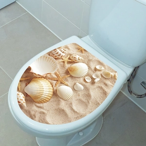 Detailed 3D visual toilet seat sticker with lifelike beach sand shells and starfish design