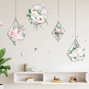 Floral hanging basket wall stickers with pink peonies and butterflies in Nordic style