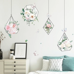 Modern floral basket wall stickers with pink flowers and butterflies for home decoration