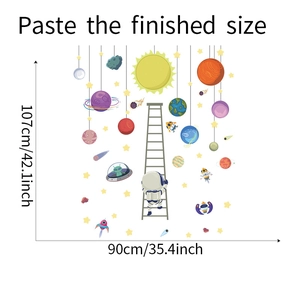 Detailed wall sticker layout of cartoon planets and astronaut climbing a ladder
