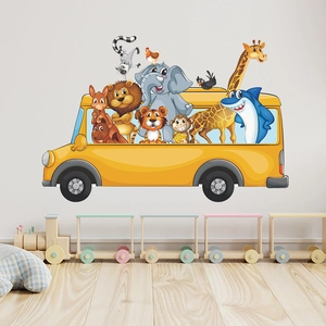 Cartoon animal yellow bus wall sticker for kids room nursery wardrobe home decor