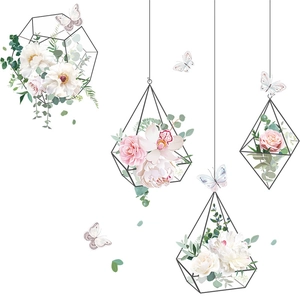 Floral hanging basket wall stickers with pink flowers and butterflies on white background