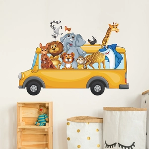 Cartoon animal school bus wall sticker decal for kids room nursery home decor