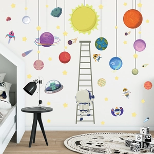 Cartoon astronaut and colorful planets wall decals set for kids room decoration