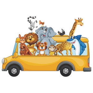 Cartoon animal school bus wall sticker with lion elephant giraffe for nursery room decor