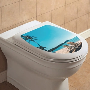Tropical beach scene toilet lid cover sticker with palm trees and blue ocean decor