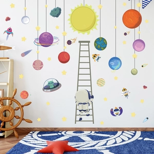 Detail showing cartoon astronaut on ladder and colorful planets wall decals for kids room decor