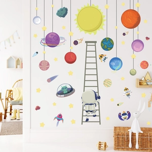 Cartoon astronaut and planet wall decals set for kids room nursery wall decoration