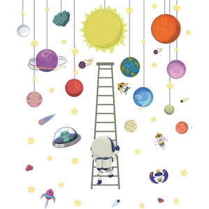 Cartoon astronaut and planets wall stickers for kids nursery room decor