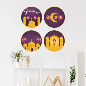 Lot de 4 stickers muraux Ramadan avec lune et mosquée en violet et or pour déco