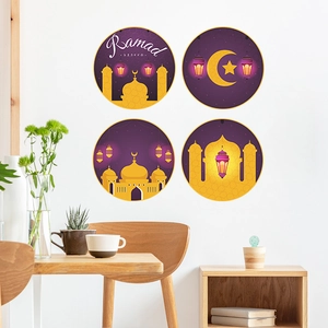 Stickers Muraux Motif Ramadan Lune Mosquée Violet Or Arabe Islamique Lanterne Étoile Décoration pour Maison Salon Chambre à Coucher