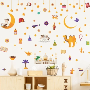 Cartoon Ramadan wall stickers with moon stars and mosque for bedroom home decoration