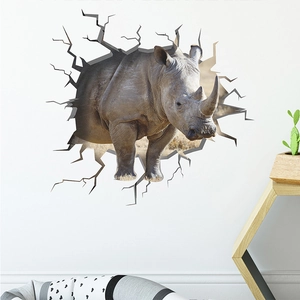 Detail view of 3D rhino wall sticker showing realistic texture and broken wall effect