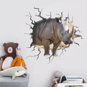 3D realistic rhino wall sticker crashing through white wall for boy's room decoration