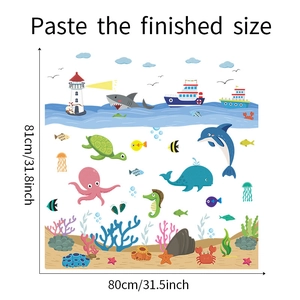 Stickers muraux océan avec baleines et poulpe montrant la taille finale de 80x81cm