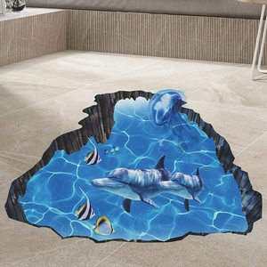 Detail eines 3D-Ozean-Bodenaufklebers mit Delfinen und Fischen auf Fliesenboden