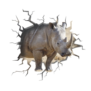 3D realistic rhino wall sticker breaking through wall for boys room and entrance decoration