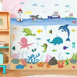 Stickers muraux dessin animé monde marin pour chambre d'enfant avec baleines et requins
