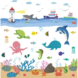 Stickers muraux monde marin avec baleines, poulpes et tours pour chambre d'enfant