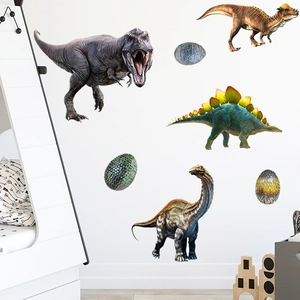 Detail of colorful dinosaur wall decals with realistic T-rex and eggs in a nursery room