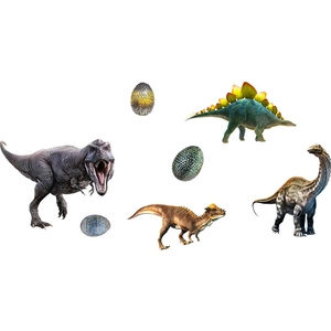 Detail view of 4 realistic dinosaur figures and 3 textured eggs with detailed skin patterns