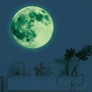 Luminous 30cm moon wall sticker with green glow and realistic craters for home decor