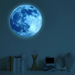 Glow in the dark 30cm blue moon wall sticker with realistic lunar crater texture for bedroom
