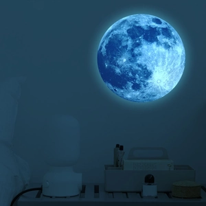 Detailed macro view of 30cm glowing moon wall sticker with realistic lunar texture