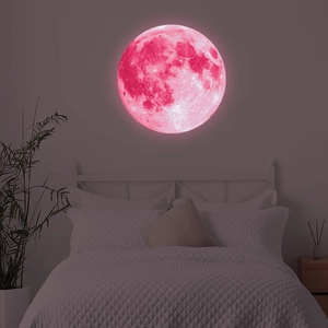 30cm glowing pink moon wall sticker with realistic crater texture for bedroom decor