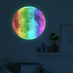 Detailed view of 30cm glowing rainbow moon wall sticker with crater texture in dark room
