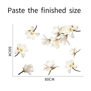 Detail of white magnolia floral wall sticker with 80cm width and 60cm height dimensions