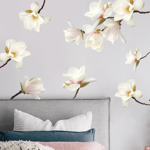 Elegant white magnolia flower wall stickers for living room and bedroom home wall decoration