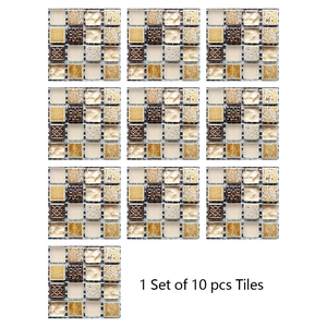 10-piece mosaic wall tiles in brown and beige featuring vintage floral embossed textures