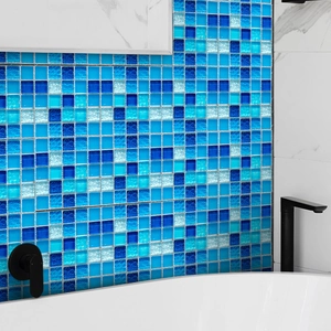 Blue glass mosaic tile stickers for bathroom wall decor with glossy self-adhesive finish