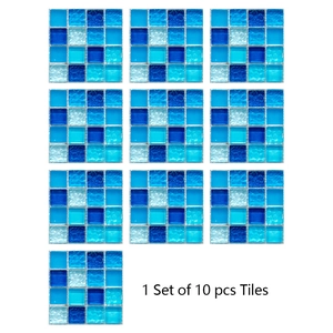 Blue mosaic tile stickers 10-piece set with glass-like finish for home wall decor