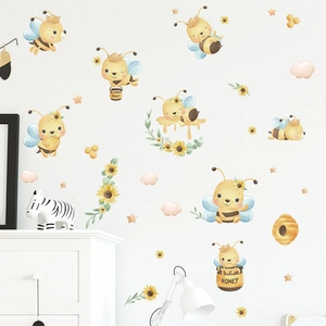 Cartoon honey bee and sunflower wall decals for kids room nursery wall decor stickers