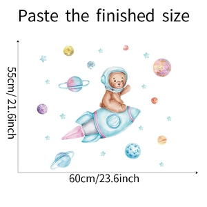 Detail view of cartoon space bear wall decal showing dimensions 60cm by 55cm