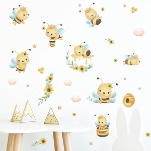 Cartoon bee and honey wall stickers set for nursery room decor with sunflower and stars