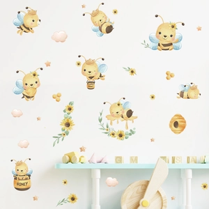 Cute cartoon bee wall decals with honey pots and sunflowers for nursery room decor
