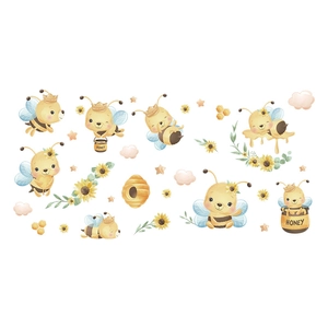 Cartoon honey bee and sunflower wall stickers set for nursery and kids room decor