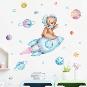 Detailed watercolor rocket bear astronaut wall sticker set for a cozy kids' bedroom decor
