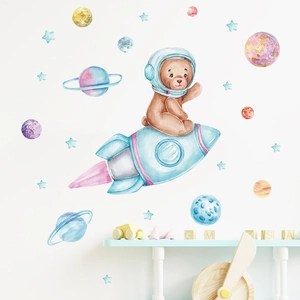 Watercolor cartoon bear on blue rocket wall decal with planets and stars for nursery decor