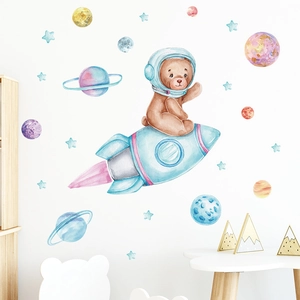 Cartoon space bear on rocket wall stickers with colorful planets for kids bedroom decoration