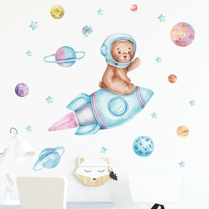 Cartoon space bear on rocket wall sticker with colorful planets for kids bedroom decoration