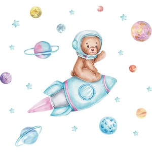Cartoon space bear on rocket wall decals with planets and stars for kids room decor