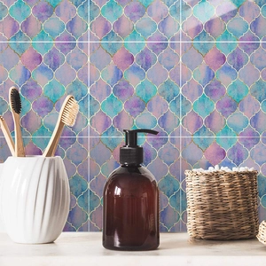 Moroccan style purple fish scale tile stickers with gold trim for kitchen backsplash