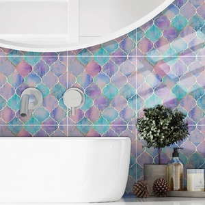 Moroccan style purple and teal fish scale tile stickers with gold trim for bathroom wall